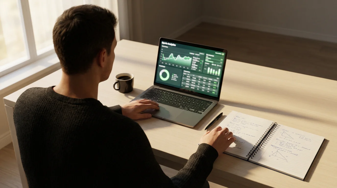 Persona estudiando estadísticas de tenis en un portátil con una libreta de notas al lado