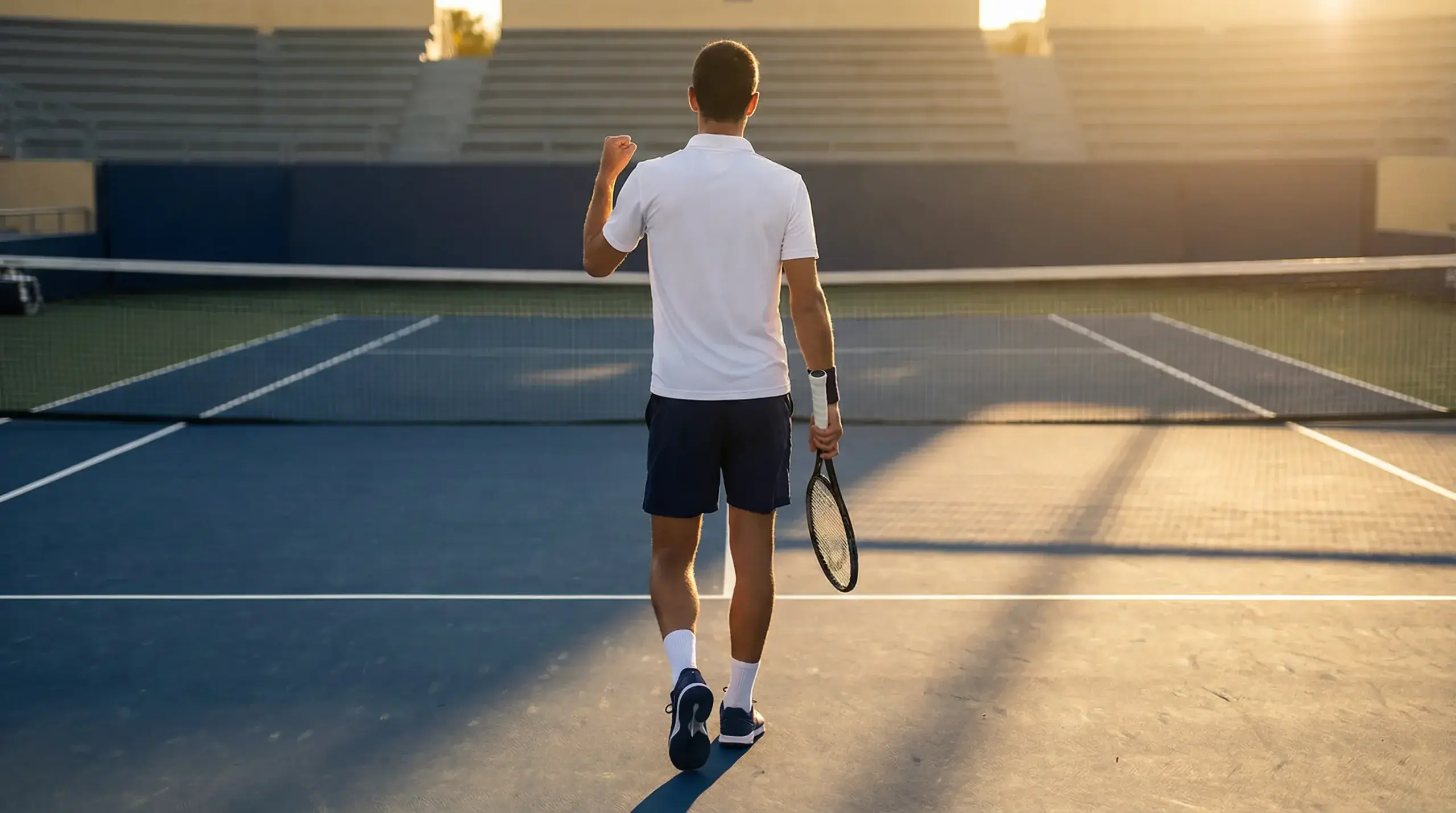 Tenista profesional celebrando una victoria en pista dura