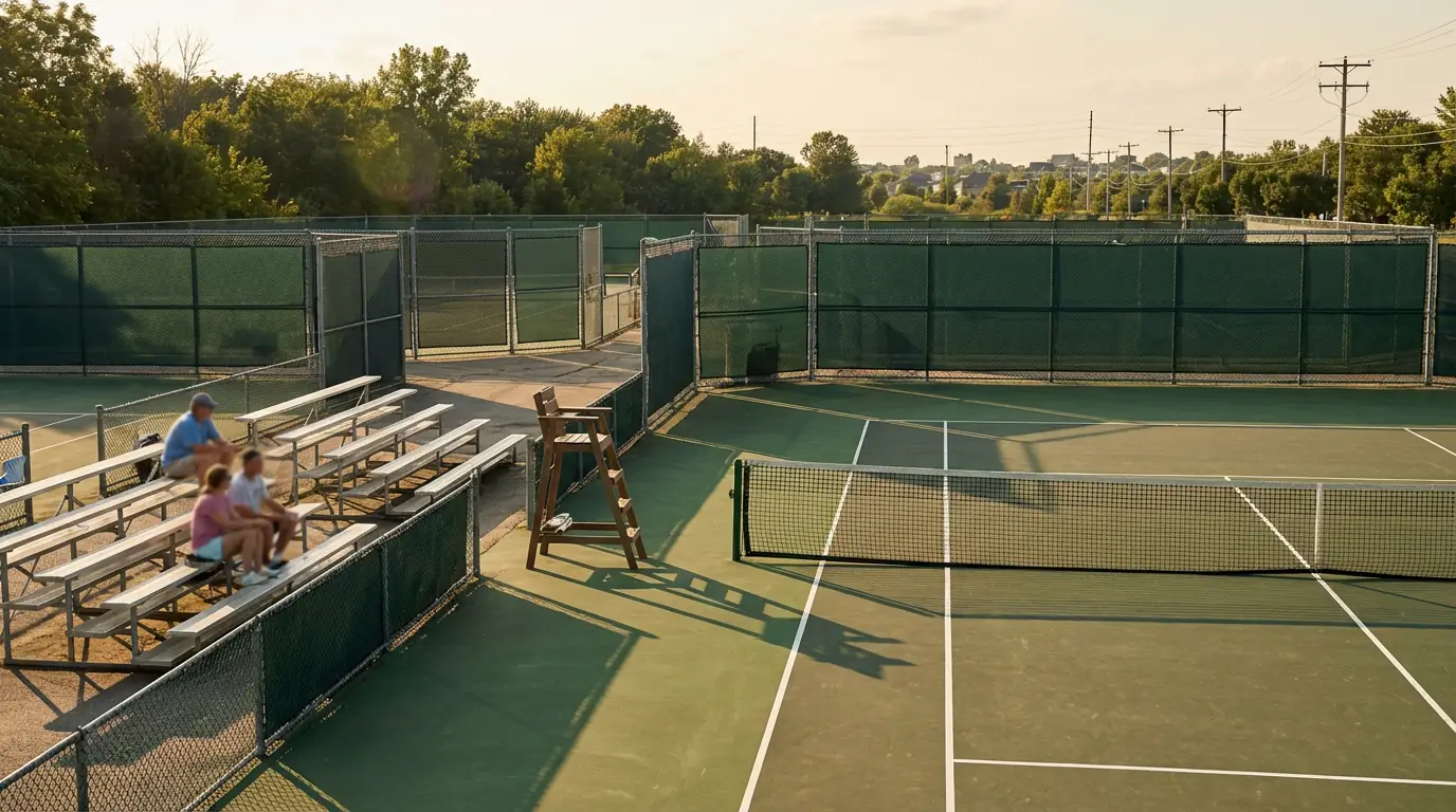Pequeña pista de tenis de un torneo Challenger con gradas modestas y pocos espectadores
