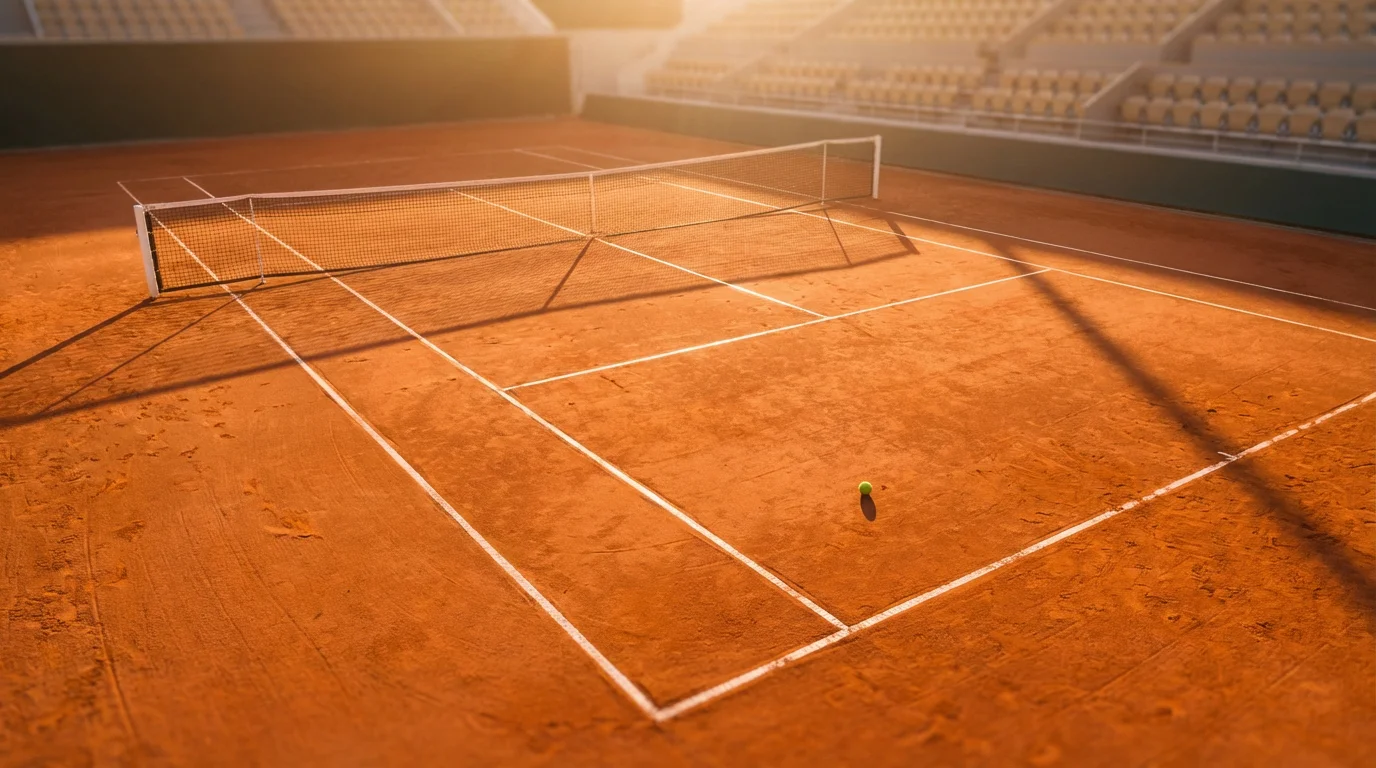 Pista de tenis de tierra batida iluminada al atardecer con red y líneas visibles