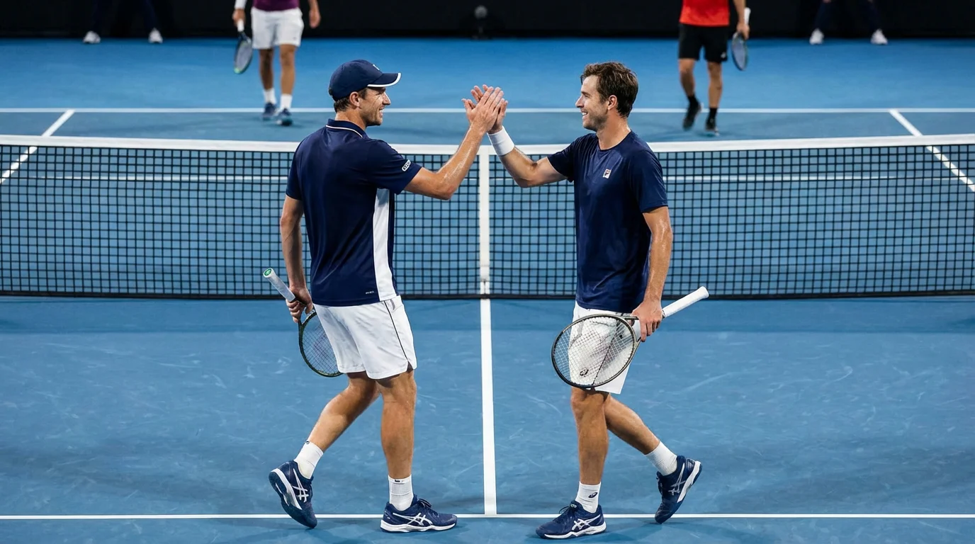 Pareja de tenistas chocando las manos en la red durante un partido de dobles