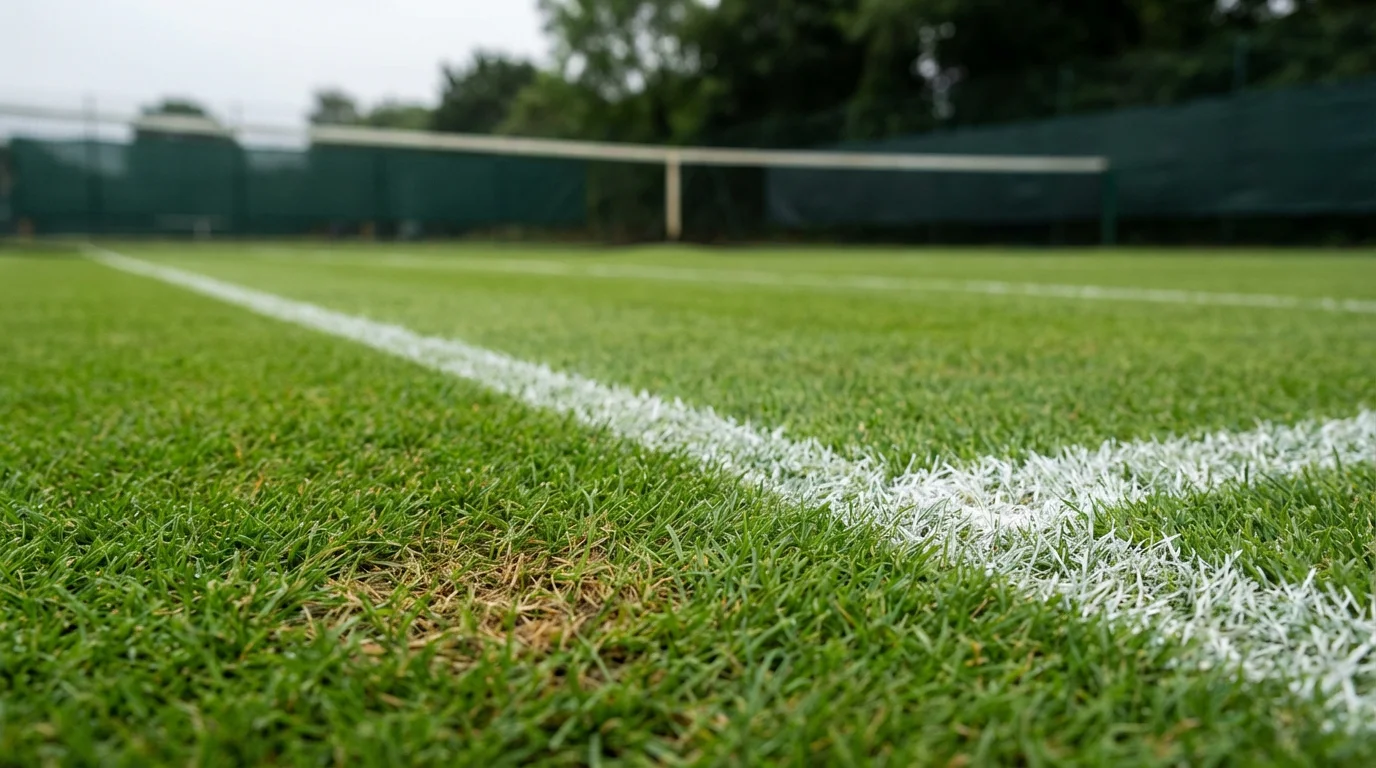 Primer plano de una pista de hierba de tenis con la red y líneas blancas visibles