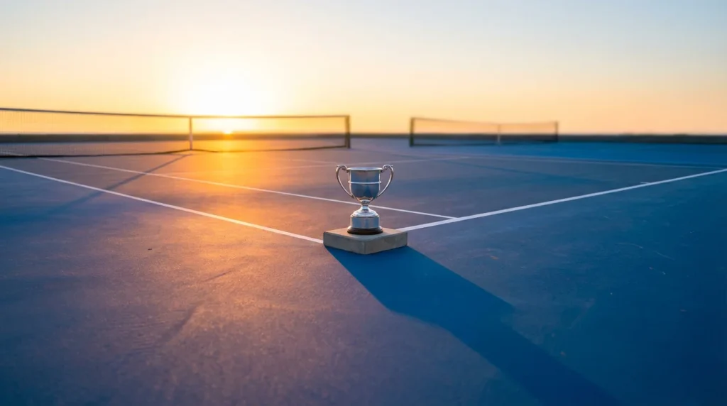 Trofeo de tenis sobre un podio vacío con una pista de fondo al amanecer