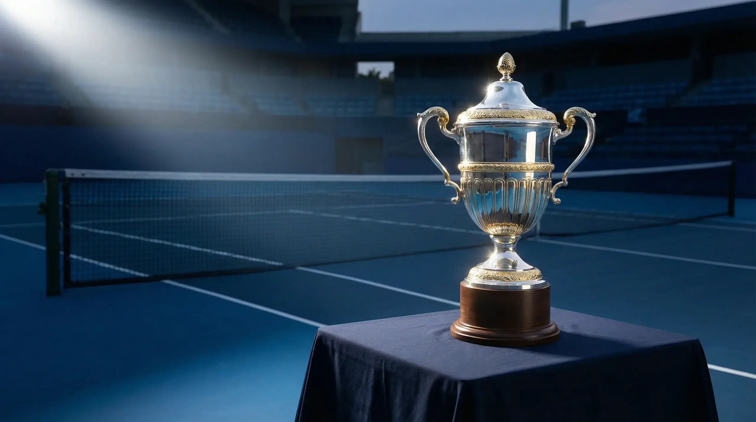 Trofeo dorado de un torneo Masters 1000 sobre una mesa junto a una pista de tenis