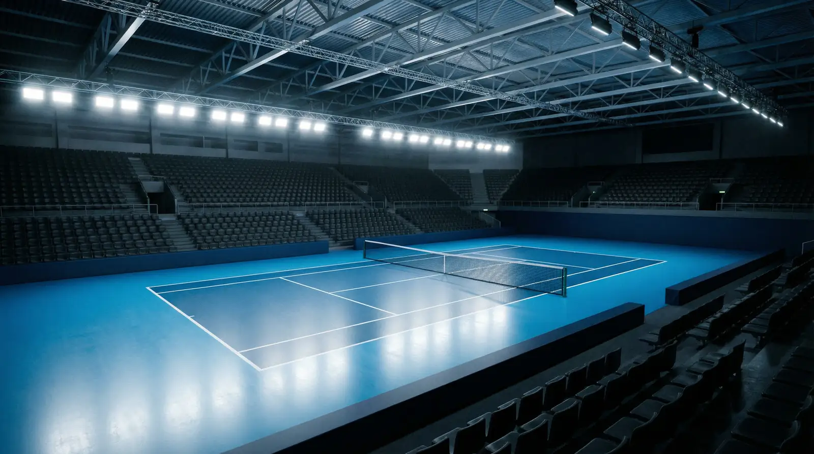 Pista de tenis dura azul bajo techo de un torneo indoor iluminada con focos