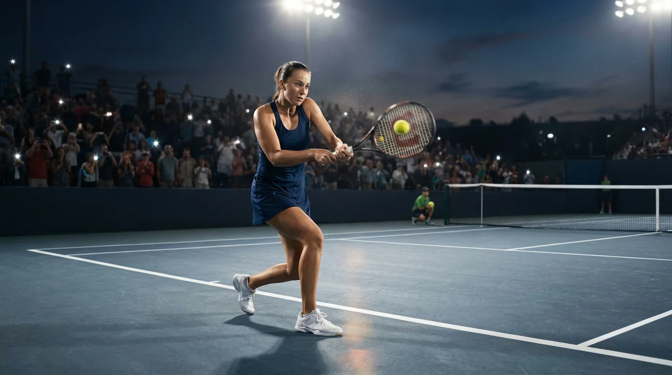 Tenista femenina golpeando un revés potente en pista dura durante un torneo WTA