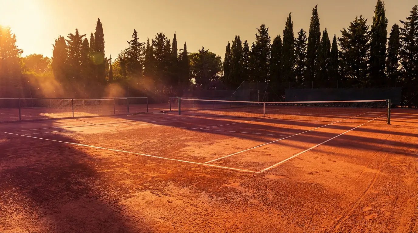 Pista de tierra batida vacía con líneas blancas y red bajo luz dorada