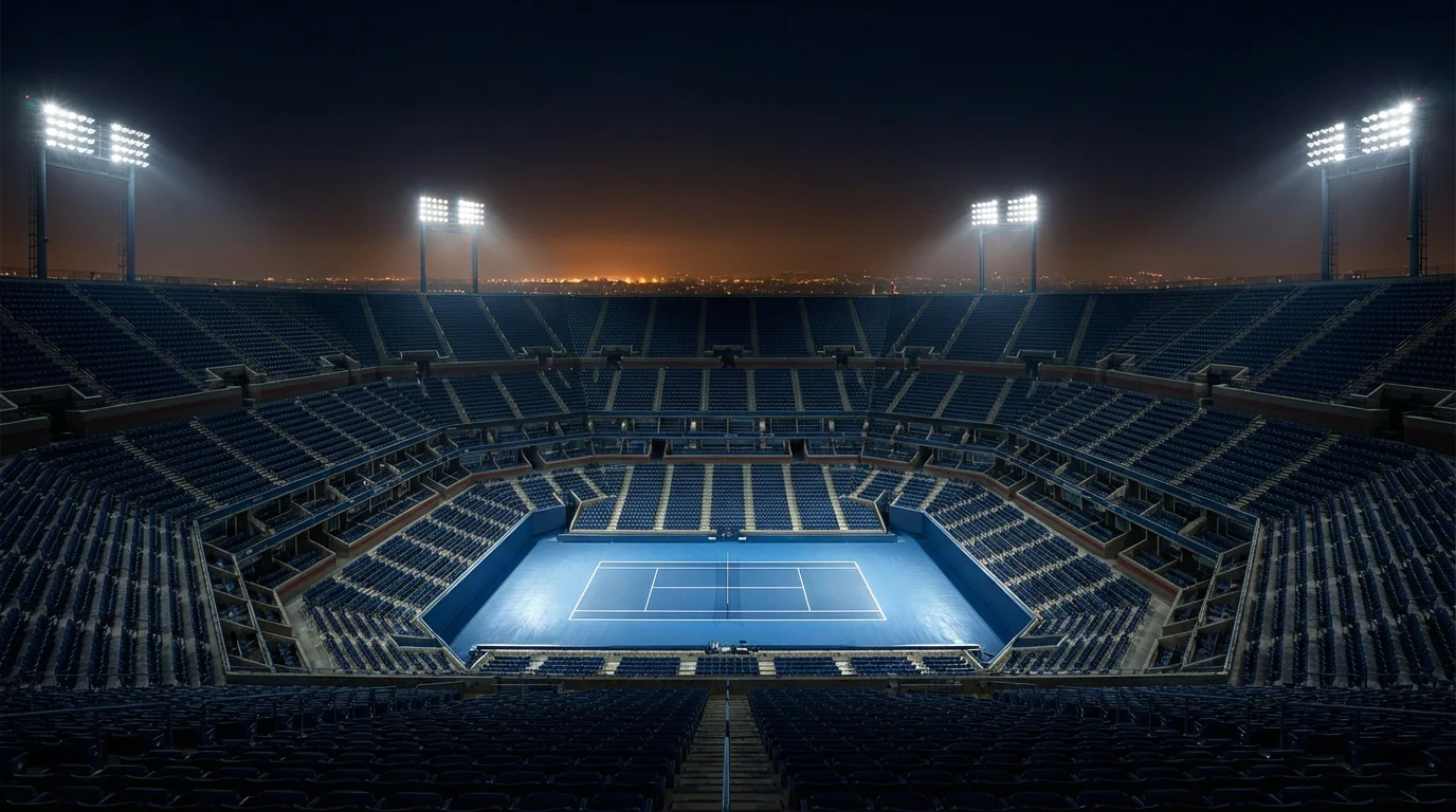 Estadio de tenis del US Open iluminado de noche con pista dura azul