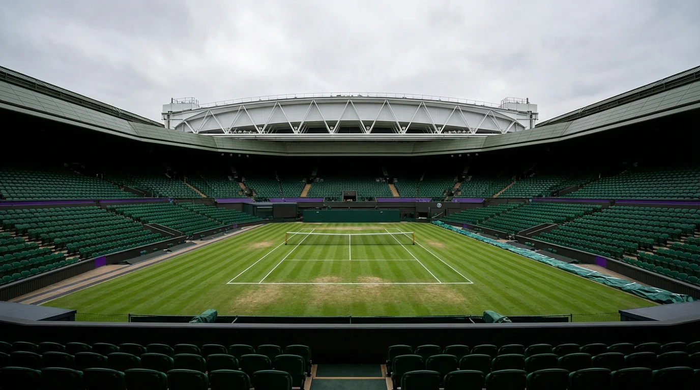 Pista central de Wimbledon con césped verde y líneas blancas bajo cielo nublado