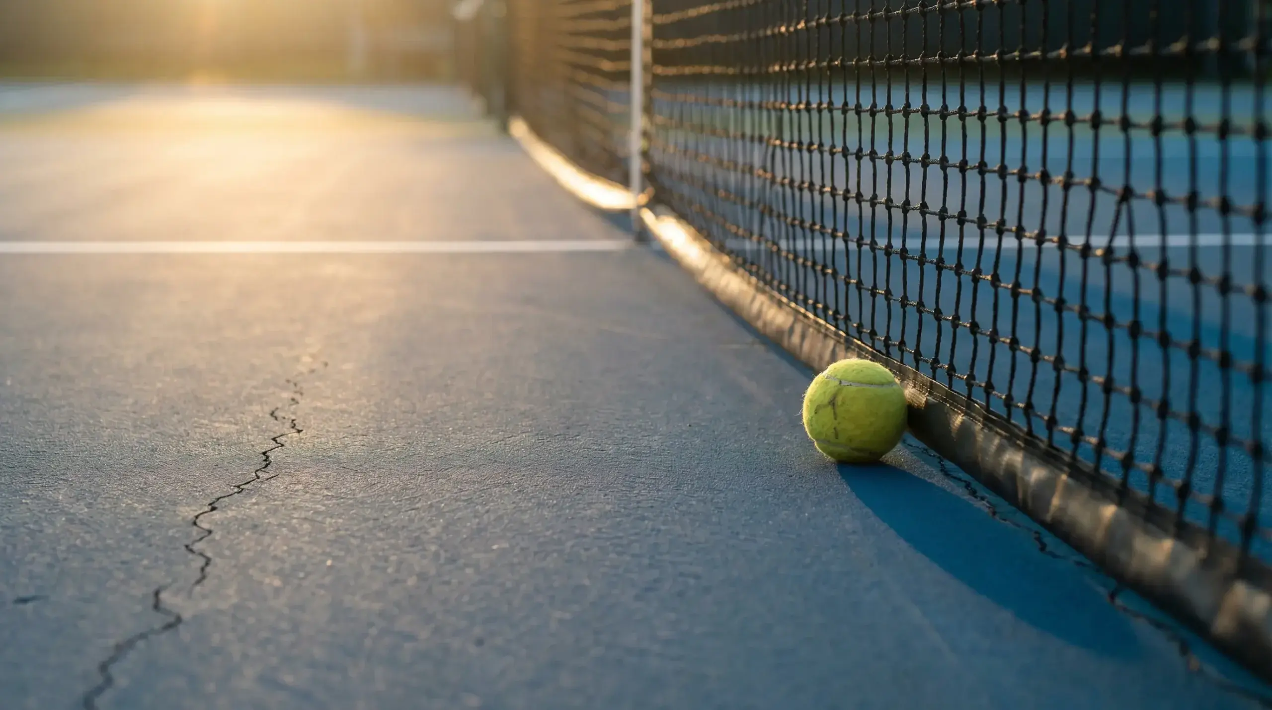 Pelota de tenis detenida junto a la red en una pista vacía al atardecer