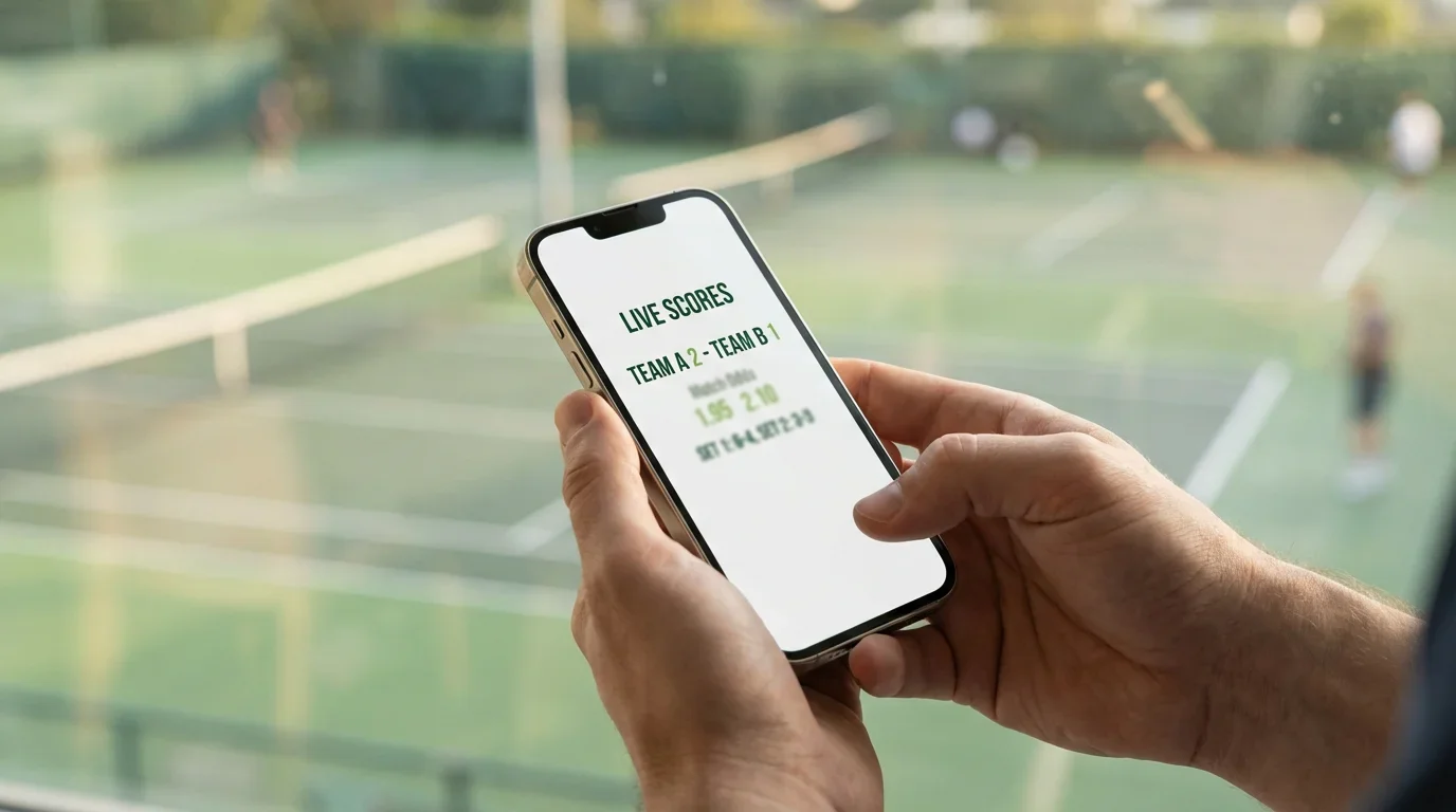 Pantalla de dispositivo móvil mostrando cuotas de un partido de tenis en vivo junto a una pista