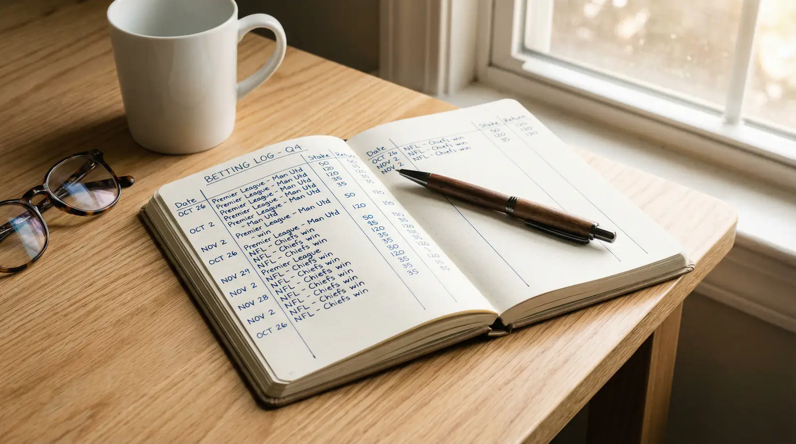 Cuaderno abierto con anotaciones de apuestas y un bolígrafo sobre una mesa de madera