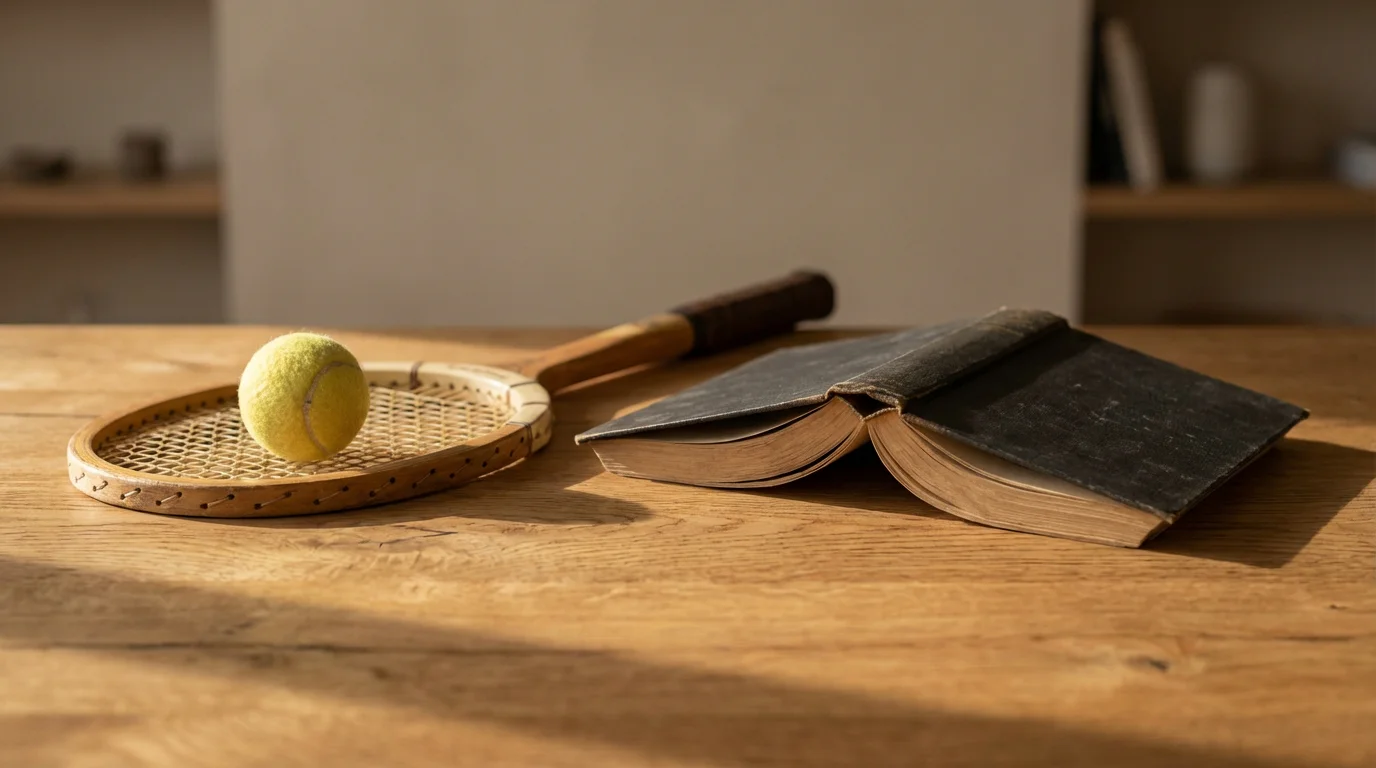 Libro abierto sobre una superficie de madera junto a una raqueta de tenis y una pelota