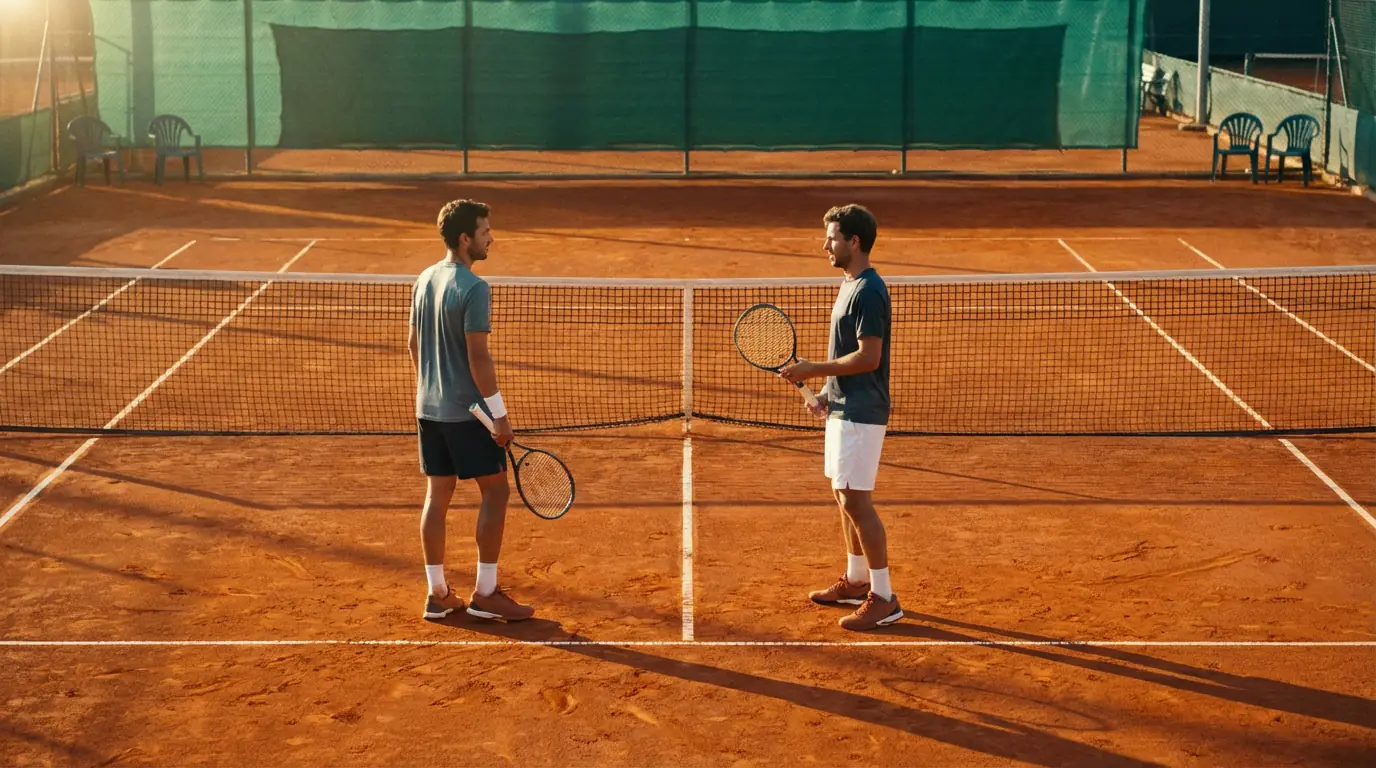 Dos tenistas en lados opuestos de la red antes de un partido en tierra batida