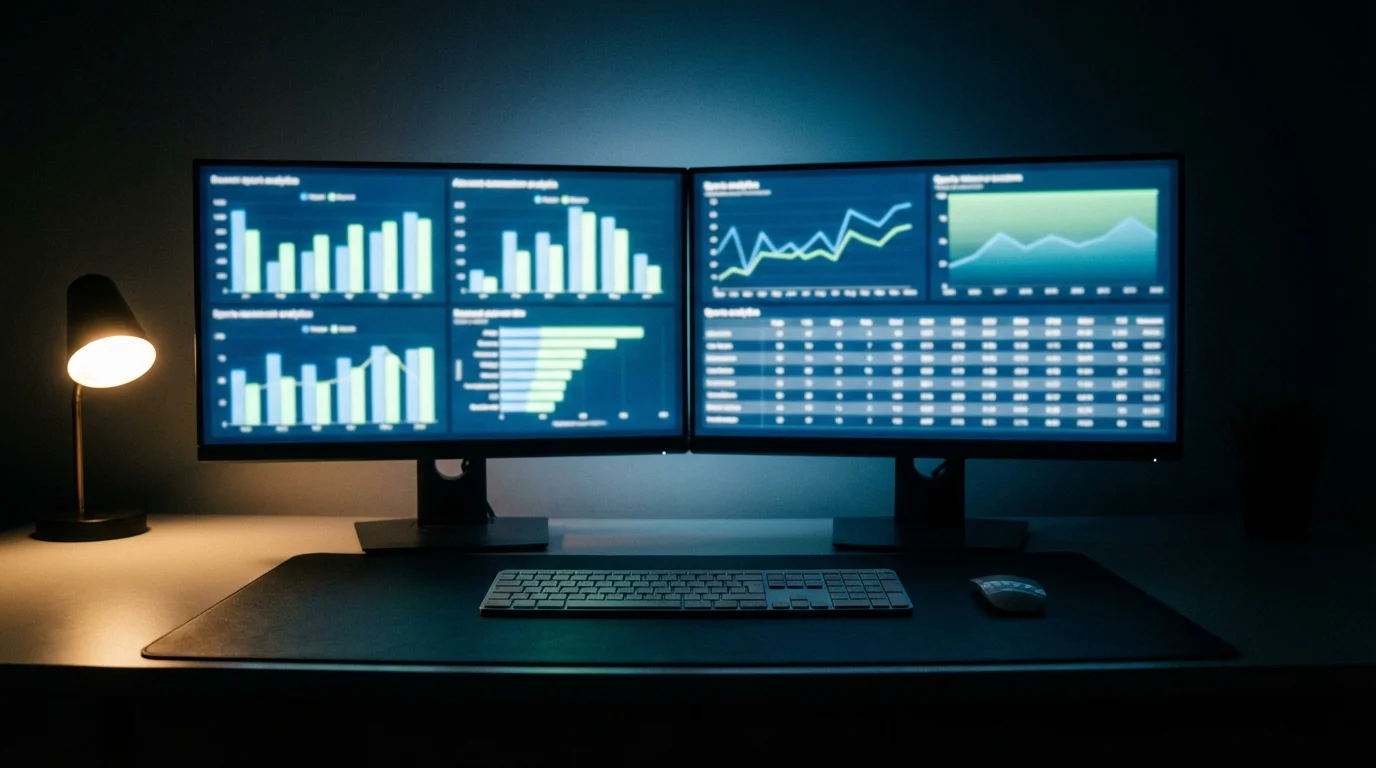 Escritorio con dos monitores mostrando gráficos y tablas de estadísticas deportivas