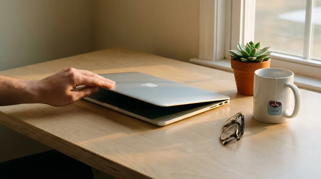 Mano cerrando con calma un portátil sobre un escritorio ordenado junto a una taza de té