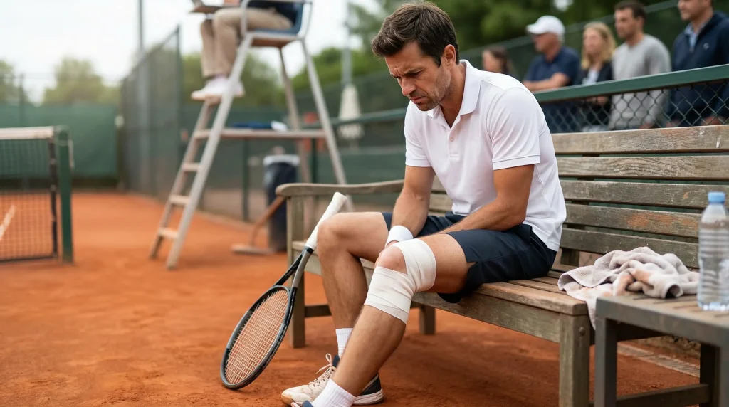 Tenista sentado en el banquillo con una venda en la rodilla y expresión de preocupación