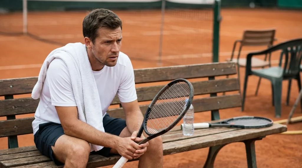 Tenista sentado en su silla durante un descanso con expresión de concentración intensa