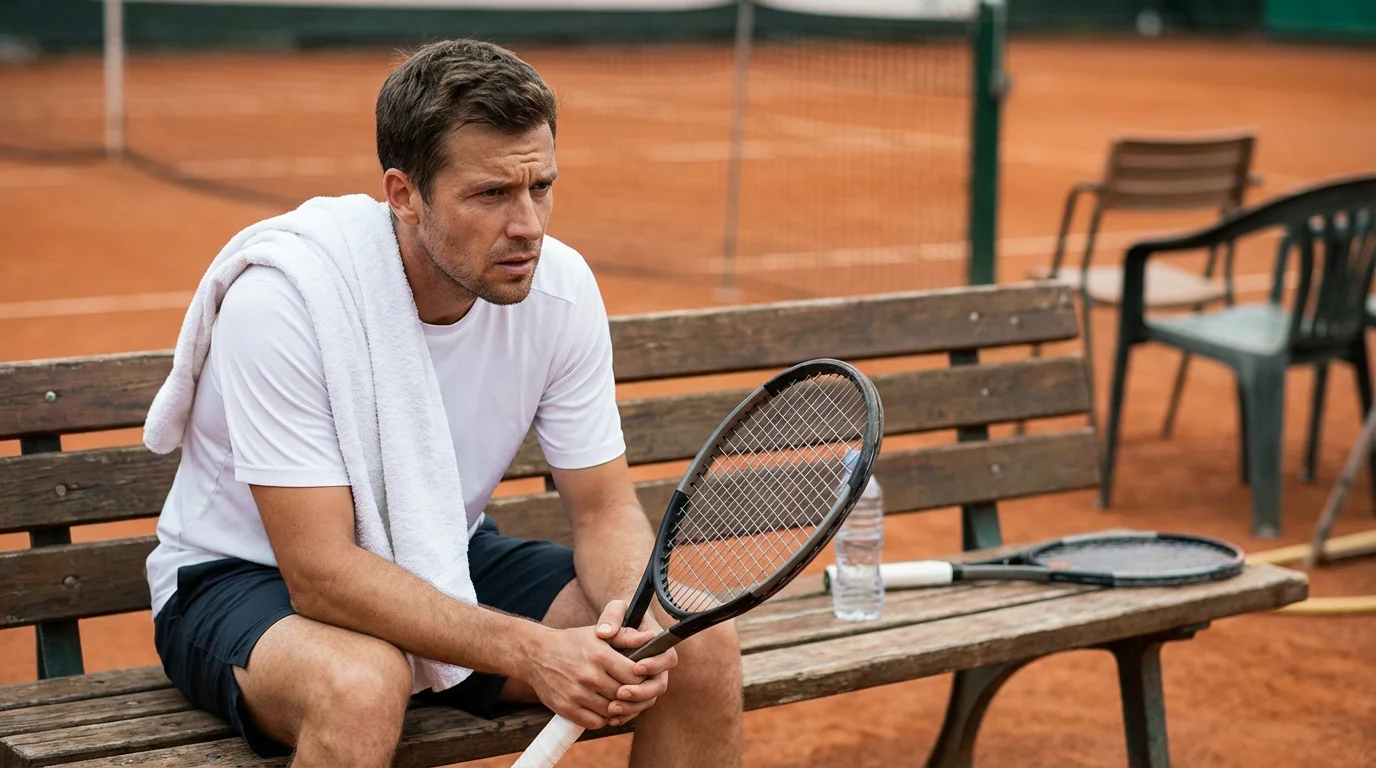 Tenista sentado en su silla durante un descanso con expresión de concentración intensa