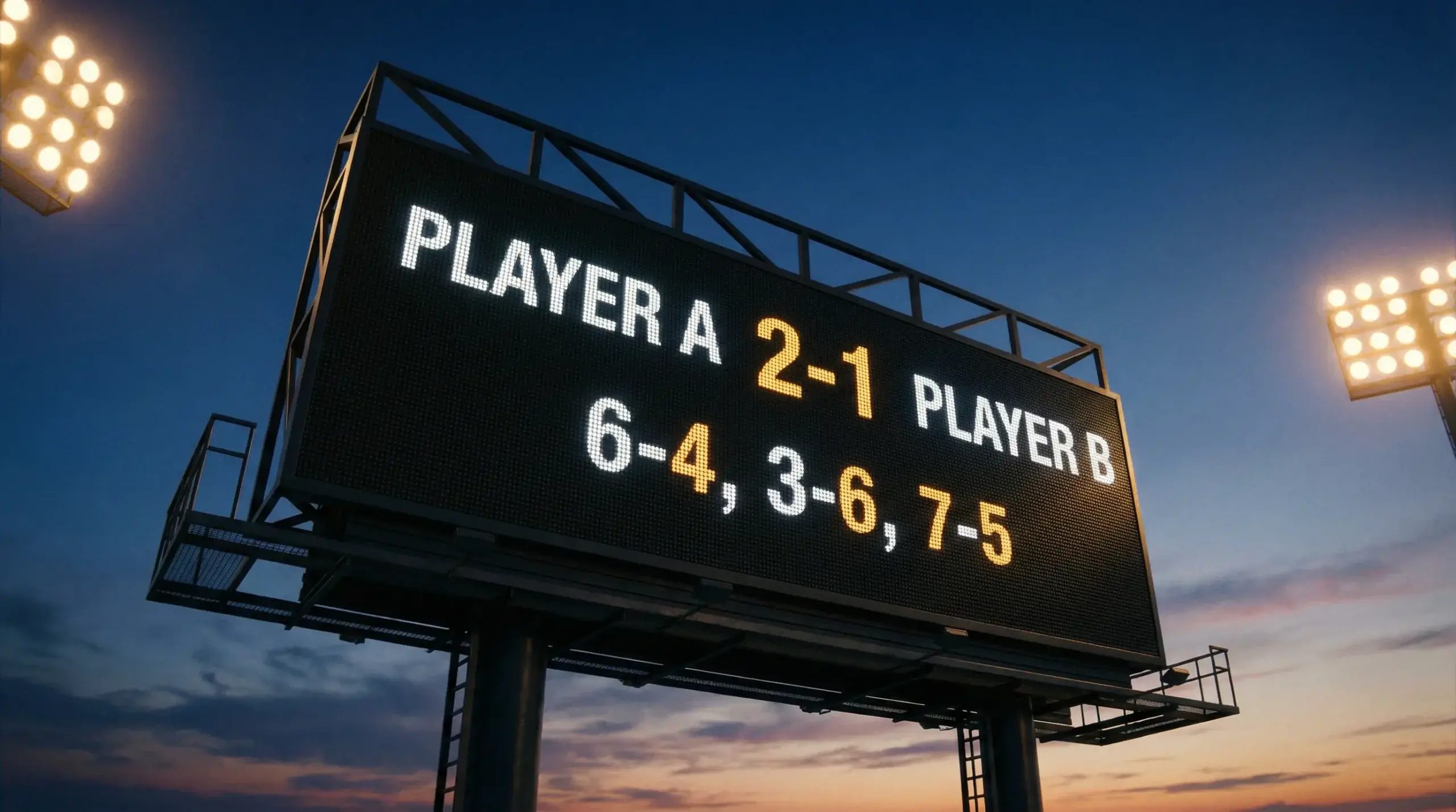 Primer plano de un marcador electrónico de tenis mostrando sets