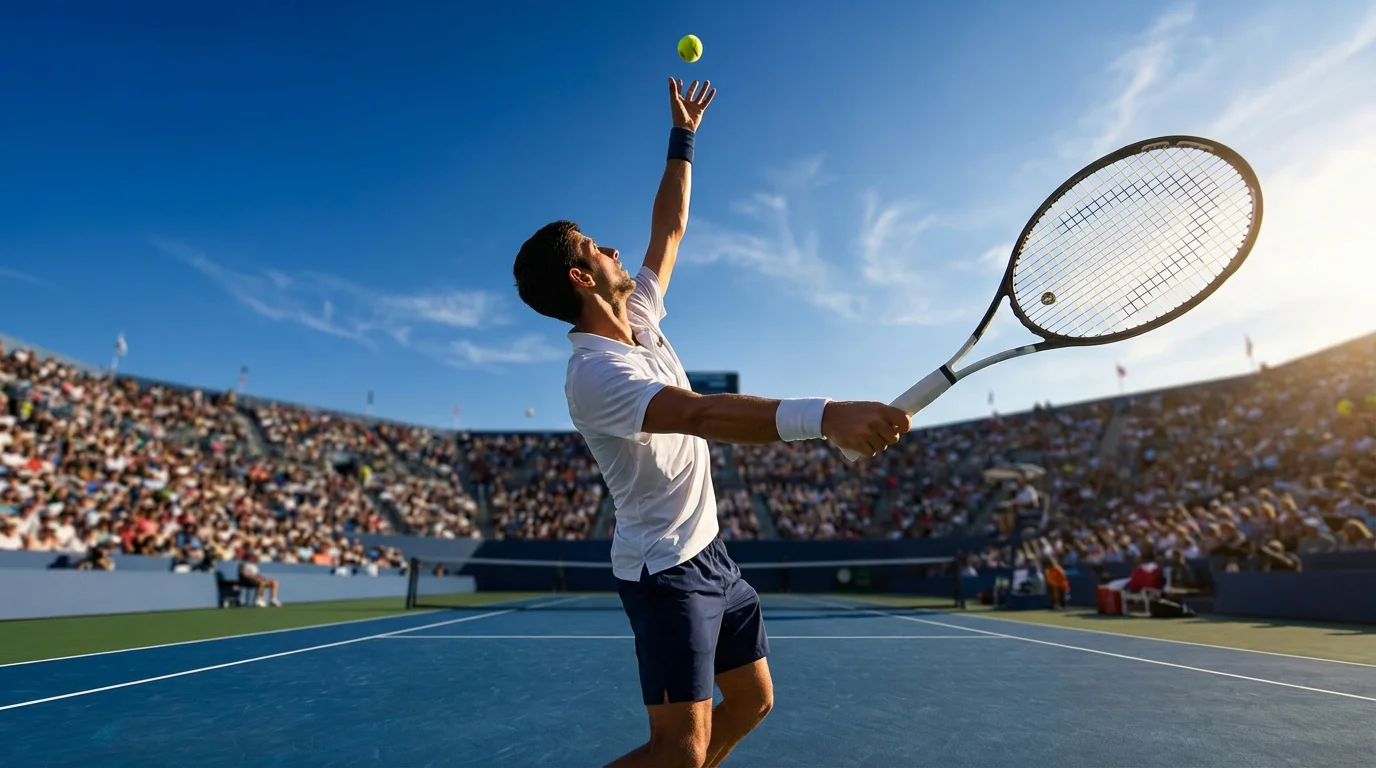 Tenista en el momento del lanzamiento de pelota antes del saque en pista dura