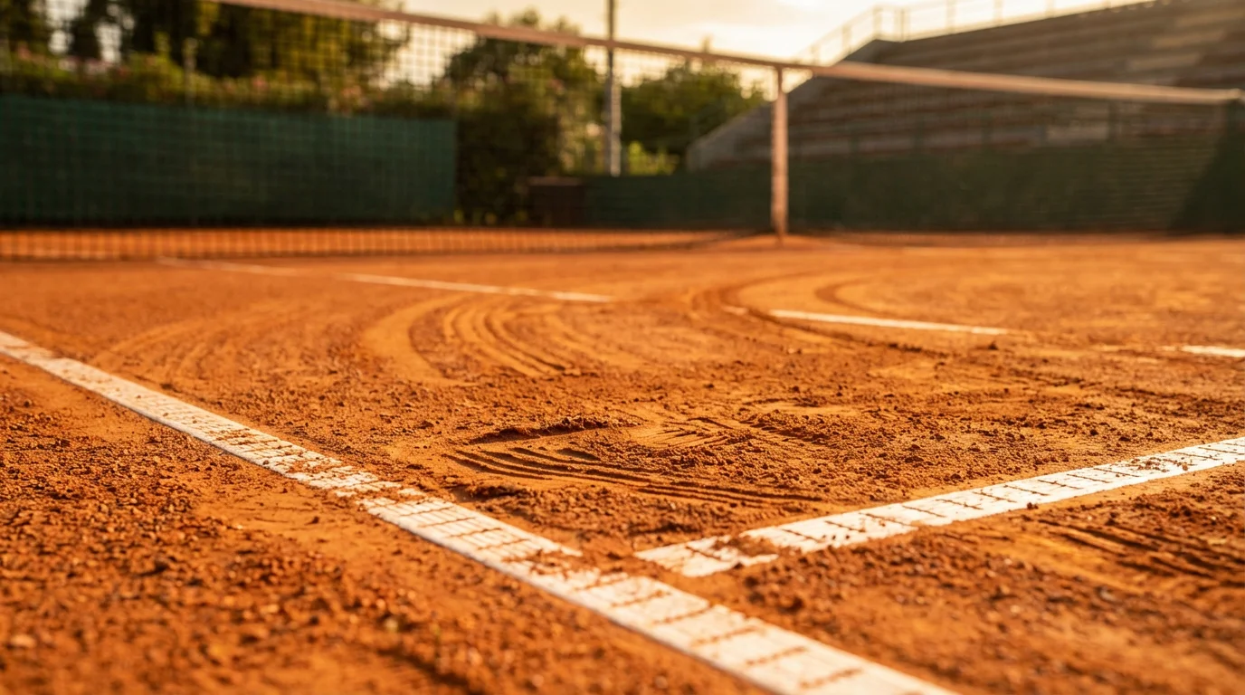 Pista de tierra batida con marcas de deslizamiento de un tenista y líneas de arcilla