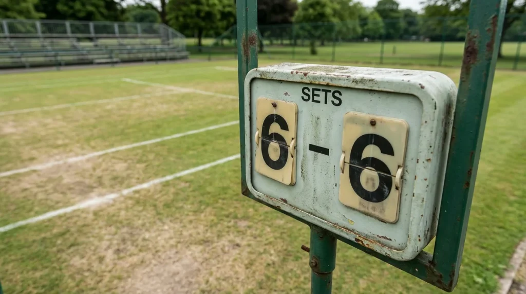 Marcador de tenis mostrando empate 6-6 en un set durante un partido en hierba
