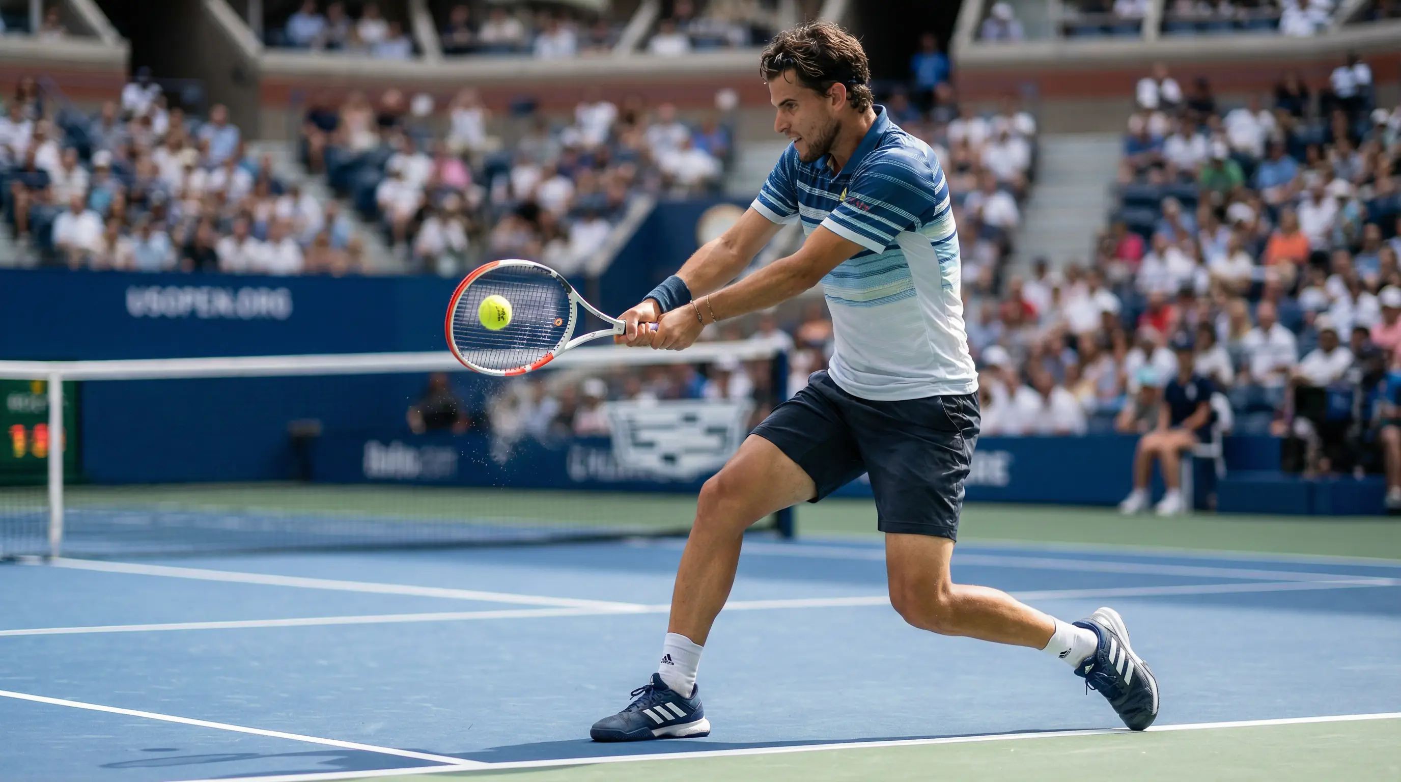 Tenista profesional golpeando una derecha en pista dura durante un torneo